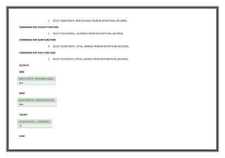 2. SELECT MAX(TENTH_PERCENTAGE) FROM BCAFIRSTYEAR_RECORDS;
COMMAND FOR COUNT FUNCTION
3. SELECT COUNT(ROLL_NUMBER) FROM BCAFIRSTYEAR_RECORDS;
COMMAND FOR SUM FUNCTION
4. SELECT SUM(TENTH_TOTAL_MARKS) FROM BCAFIRSTYEAR_RECORDS;
COMMAND FOR AVG FUNCTION
5. SELECT AVG(TENTH_TOTAL_MARKS) FROM BCAFIRSTYEAR_RECORDS;
OUTPUT:
MIN
MIN(TENTH_PERCENTAGE)
56.4
MAX
MAX(TENTH_PERCENTAGE)
93.4
COUNT
COUNT(ROLL_NUMBER)
10
SUM
 