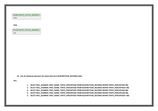 SUM(TENTH_TOTAL_MARKS)
4120
AVG
AVG(TENTH_TOTAL_MARKS)
412
10. Use all relational operators for select data form BCAFIRSTYEAR_RECORDS table.
Ans.
1. SELECT ROLL_NUMBER, FIRST_NAME, TENTH_PERCENTAGE FROM BCAFIRSTYEAR_RECORDS WHERE TENTH_PERCENTAGE=80;
2. SELECT ROLL_NUMBER, FIRST_NAME, TENTH_PERCENTAGE FROM BCAFIRSTYEAR_RECORDS WHERE TENTH_PERCENTAGE<>80;
3. SELECT ROLL_NUMBER, FIRST_NAME, TENTH_PERCENTAGE FROM BCAFIRSTYEAR_RECORDS WHERE TENTH_PERCENTAGE>80;
4. SELECT ROLL_NUMBER, FIRST_NAME, TENTH_PERCENTAGE FROM BCAFIRSTYEAR_RECORDS WHERE TENTH_PERCENTAGE<80;
5. SELECT ROLL_NUMBER, FIRST_NAME, TENTH_PERCENTAGE FROM BCAFIRSTYEAR_RECORDS WHERE TENTH_PERCENTAGE>=80;
 