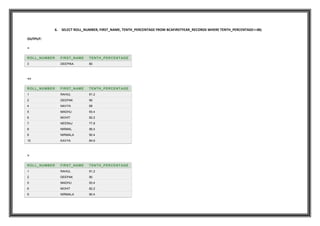 6. SELECT ROLL_NUMBER, FIRST_NAME, TENTH_PERCENTAGE FROM BCAFIRSTYEAR_RECORDS WHERE TENTH_PERCENTAGE<=80;
OUTPUT:
=
ROLL_NUMBER FIRST_NAME TENTH_PERCENTAGE
3 DEEPIKA 80
<>
ROLL_NUMBER FIRST_NAME TENTH_PERCENTAGE
1 RAHUL 91.2
2 DEEPAK 90
4 NAVYA 68
5 MADHU 93.4
6 MOHIT 82.2
7 NEERAJ 77.8
8 NIRMAL 56.4
9 NIRMALA 90.4
10 KAVYA 84.6
>
ROLL_NUMBER FIRST_NAME TENTH_PERCENTAGE
1 RAHUL 91.2
2 DEEPAK 90
5 MADHU 93.4
6 MOHIT 82.2
9 NIRMALA 90.4
 