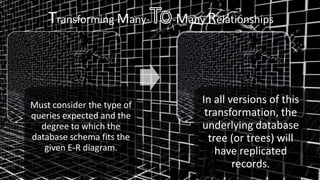Transforming Many-      -Many Relationships




Must consider the type of
                                 In all versions of this
queries expected and the          transformation, the
  degree to which the            underlying database
database schema fits the           tree (or trees) will
   given E-R diagram.                have replicated
                                         records.
 