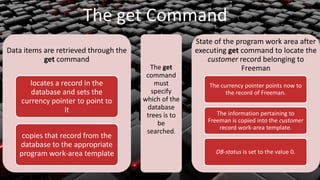 The get Command
                                                      State of the program work area after
Data items are retrieved through the                  executing get command to locate the
           get command                                    customer record belonging to
                                         The get                    Freeman
                                        command
       locates a record in the             must           The currency pointer points now to
       database and sets the              specify               the record of Freeman.
    currency pointer to point to       which of the
                  it                    database
                                        trees is to         The information pertaining to
                                            be           Freeman is copied into the customer
                                                             record work-area template.
                                        searched.
    copies that record from the
   database to the appropriate
   program work-area template                               DB-status is set to the value 0.
 