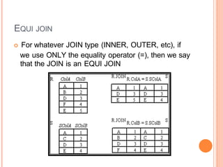 EQUI JOIN
 For whatever JOIN type (INNER, OUTER, etc), if
we use ONLY the equality operator (=), then we say
that the JOIN is an EQUI JOIN
 