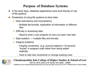 Chanderprabhu Jain College of Higher Studies & School of Law
Plot No. OCF, Sector A-8, Narela, New Delhi – 110040
(Affiliated to Guru Gobind Singh Indraprastha University and Approved by Govt of NCT of Delhi & Bar Council of India)
Purpose of Database Systems
 In the early days, database applications were built directly on top
of file systems
 Drawbacks of using file systems to store data:
 Data redundancy and inconsistency
 Multiple file formats, duplication of information in different
files
 Difficulty in accessing data
 Need to write a new program to carry out each new task
 Data isolation — multiple files and formats
 Integrity problems
 Integrity constraints (e.g. account balance > 0) become
“buried” in program code rather than being stated
explicitly
 Hard to add new constraints or change existing ones
 