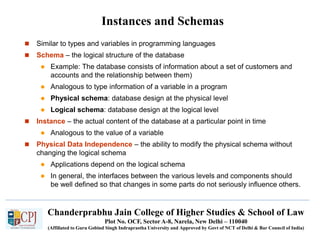 Chanderprabhu Jain College of Higher Studies & School of Law
Plot No. OCF, Sector A-8, Narela, New Delhi – 110040
(Affiliated to Guru Gobind Singh Indraprastha University and Approved by Govt of NCT of Delhi & Bar Council of India)
Instances and Schemas
 Similar to types and variables in programming languages
 Schema – the logical structure of the database
 Example: The database consists of information about a set of customers and
accounts and the relationship between them)
 Analogous to type information of a variable in a program
 Physical schema: database design at the physical level
 Logical schema: database design at the logical level
 Instance – the actual content of the database at a particular point in time
 Analogous to the value of a variable
 Physical Data Independence – the ability to modify the physical schema without
changing the logical schema
 Applications depend on the logical schema
 In general, the interfaces between the various levels and components should
be well defined so that changes in some parts do not seriously influence others.
 
