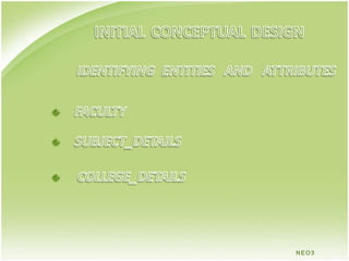 INITIALCONCEPTUALDESIGNIDENTIFYING  ENTITIESANDATTRIBUTESFACULTYSUBJECT_DETAILSCOLLEGE_DETAILSNEO3