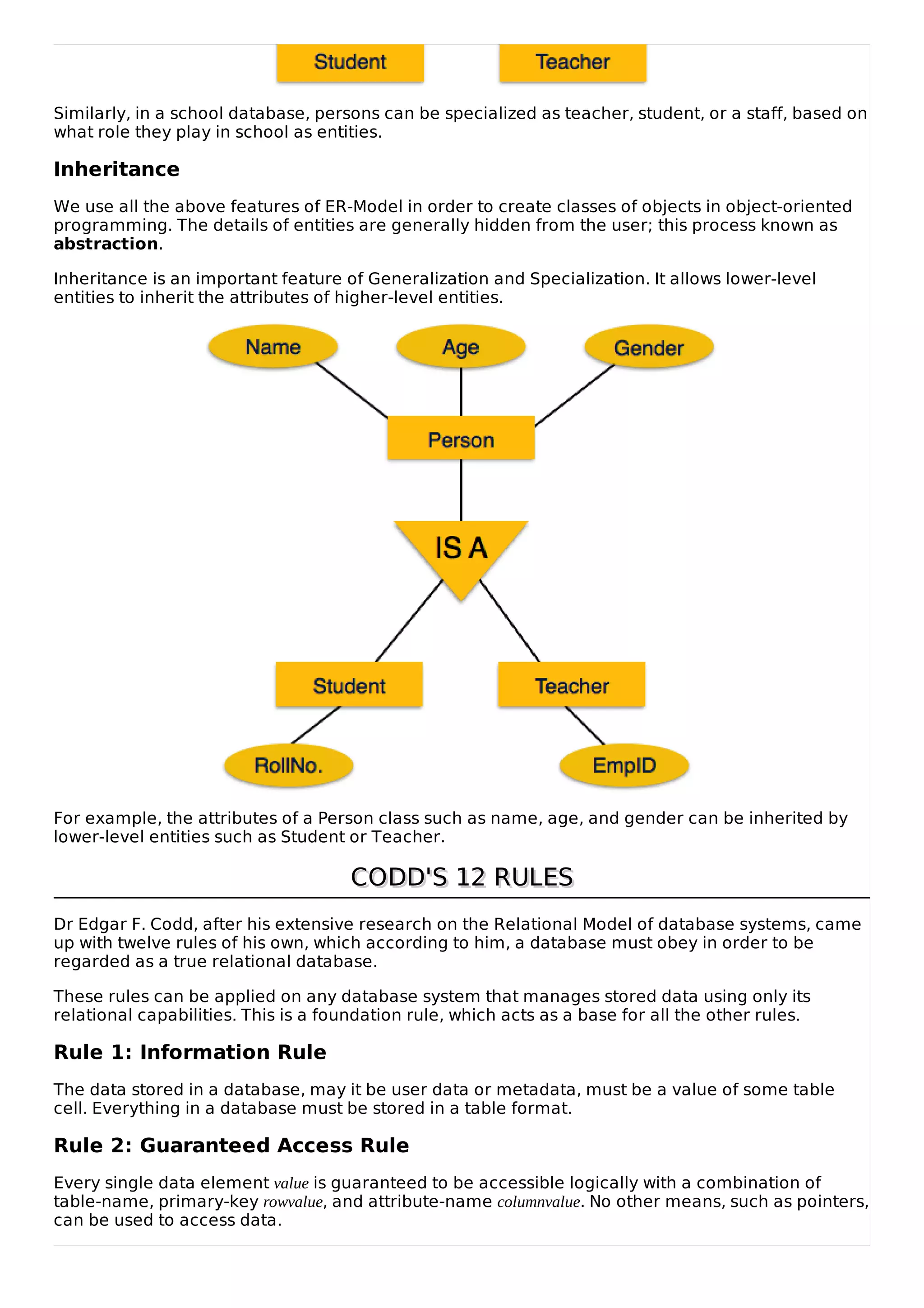 Similarly, in a school database, persons can be specialized as teacher, student, or a staff, based on
what role they play in school as entities.
Inheritance
We use all the above features of ER-Model in order to create classes of objects in object-oriented
programming. The details of entities are generally hidden from the user; this process known as
abstraction.
Inheritance is an important feature of Generalization and Specialization. It allows lower-level
entities to inherit the attributes of higher-level entities.
For example, the attributes of a Person class such as name, age, and gender can be inherited by
lower-level entities such as Student or Teacher.
CODD'S 12 RULES
CODD'S 12 RULES
Dr Edgar F. Codd, after his extensive research on the Relational Model of database systems, came
up with twelve rules of his own, which according to him, a database must obey in order to be
regarded as a true relational database.
These rules can be applied on any database system that manages stored data using only its
relational capabilities. This is a foundation rule, which acts as a base for all the other rules.
Rule 1: Information Rule
The data stored in a database, may it be user data or metadata, must be a value of some table
cell. Everything in a database must be stored in a table format.
Rule 2: Guaranteed Access Rule
Every single data element value is guaranteed to be accessible logically with a combination of
table-name, primary-key rowvalue, and attribute-name columnvalue. No other means, such as pointers,
can be used to access data.
 