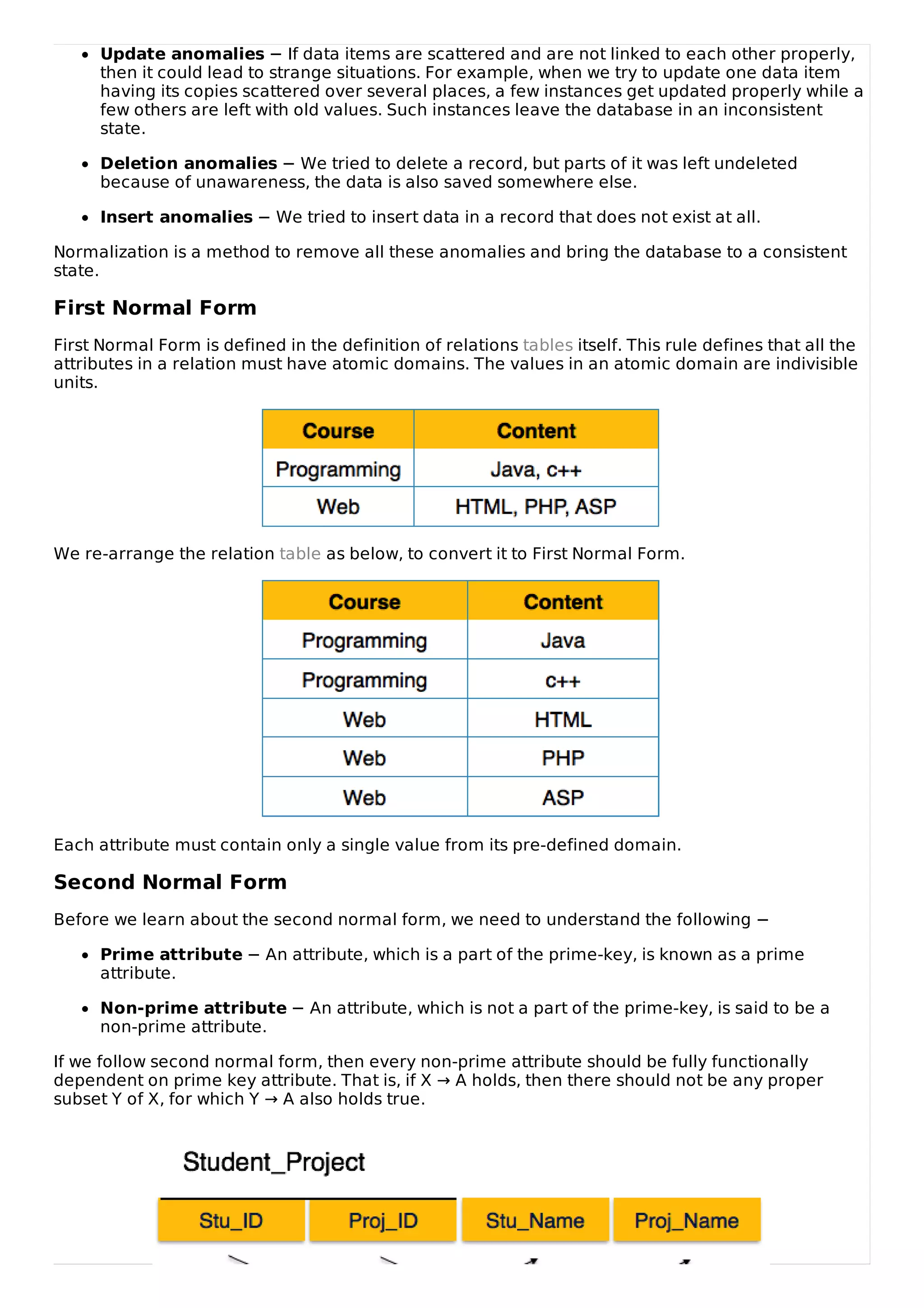 Update anomalies − If data items are scattered and are not linked to each other properly,
then it could lead to strange situations. For example, when we try to update one data item
having its copies scattered over several places, a few instances get updated properly while a
few others are left with old values. Such instances leave the database in an inconsistent
state.
Deletion anomalies − We tried to delete a record, but parts of it was left undeleted
because of unawareness, the data is also saved somewhere else.
Insert anomalies − We tried to insert data in a record that does not exist at all.
Normalization is a method to remove all these anomalies and bring the database to a consistent
state.
First Normal Form
First Normal Form is defined in the definition of relations tables itself. This rule defines that all the
attributes in a relation must have atomic domains. The values in an atomic domain are indivisible
units.
We re-arrange the relation table as below, to convert it to First Normal Form.
Each attribute must contain only a single value from its pre-defined domain.
Second Normal Form
Before we learn about the second normal form, we need to understand the following −
Prime attribute − An attribute, which is a part of the prime-key, is known as a prime
attribute.
Non-prime attribute − An attribute, which is not a part of the prime-key, is said to be a
non-prime attribute.
If we follow second normal form, then every non-prime attribute should be fully functionally
dependent on prime key attribute. That is, if X → A holds, then there should not be any proper
subset Y of X, for which Y → A also holds true.
 