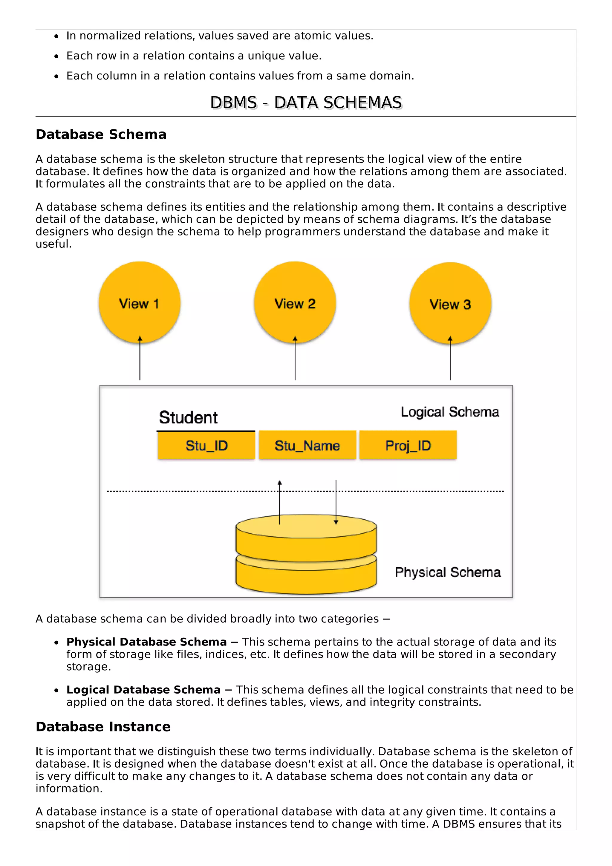 In normalized relations, values saved are atomic values.
Each row in a relation contains a unique value.
Each column in a relation contains values from a same domain.
DBMS - DATA SCHEMAS
DBMS - DATA SCHEMAS
Database Schema
A database schema is the skeleton structure that represents the logical view of the entire
database. It defines how the data is organized and how the relations among them are associated.
It formulates all the constraints that are to be applied on the data.
A database schema defines its entities and the relationship among them. It contains a descriptive
detail of the database, which can be depicted by means of schema diagrams. It’s the database
designers who design the schema to help programmers understand the database and make it
useful.
A database schema can be divided broadly into two categories −
Physical Database Schema − This schema pertains to the actual storage of data and its
form of storage like files, indices, etc. It defines how the data will be stored in a secondary
storage.
Logical Database Schema − This schema defines all the logical constraints that need to be
applied on the data stored. It defines tables, views, and integrity constraints.
Database Instance
It is important that we distinguish these two terms individually. Database schema is the skeleton of
database. It is designed when the database doesn't exist at all. Once the database is operational, it
is very difficult to make any changes to it. A database schema does not contain any data or
information.
A database instance is a state of operational database with data at any given time. It contains a
snapshot of the database. Database instances tend to change with time. A DBMS ensures that its
 