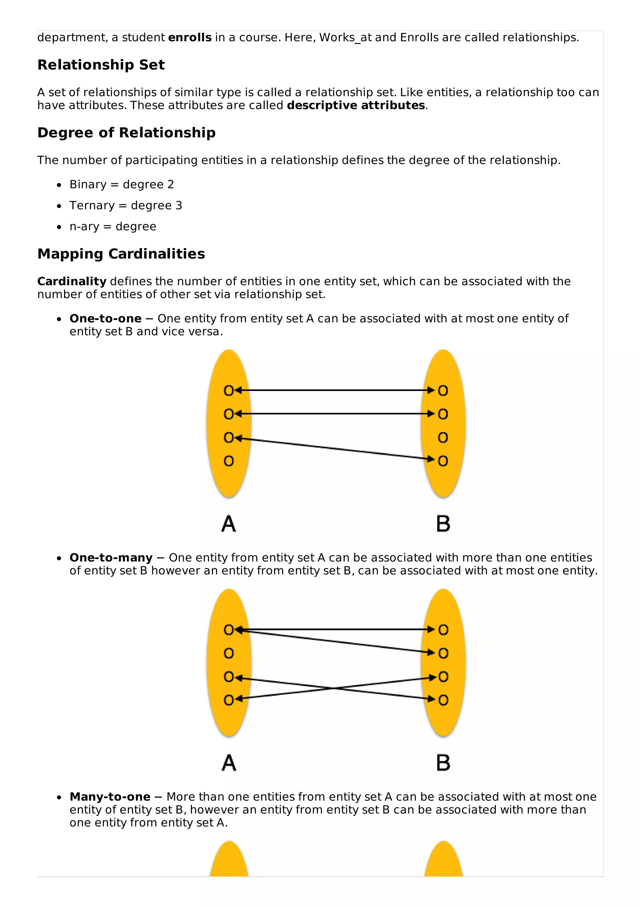 department, a student enrolls in a course. Here, Works_at and Enrolls are called relationships.
Relationship Set
A set of relationships of similar type is called a relationship set. Like entities, a relationship too can
have attributes. These attributes are called descriptive attributes.
Degree of Relationship
The number of participating entities in a relationship defines the degree of the relationship.
Binary = degree 2
Ternary = degree 3
n-ary = degree
Mapping Cardinalities
Cardinality defines the number of entities in one entity set, which can be associated with the
number of entities of other set via relationship set.
One-to-one − One entity from entity set A can be associated with at most one entity of
entity set B and vice versa.
One-to-many − One entity from entity set A can be associated with more than one entities
of entity set B however an entity from entity set B, can be associated with at most one entity.
Many-to-one − More than one entities from entity set A can be associated with at most one
entity of entity set B, however an entity from entity set B can be associated with more than
one entity from entity set A.
 