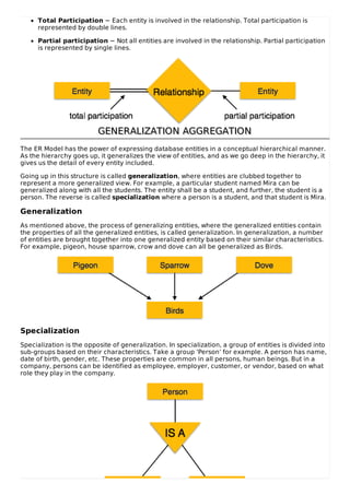 Total Participation − Each entity is involved in the relationship. Total participation is
represented by double lines.
Partial participation − Not all entities are involved in the relationship. Partial participation
is represented by single lines.
GENERALIZATION AGGREGATION
GENERALIZATION AGGREGATION
The ER Model has the power of expressing database entities in a conceptual hierarchical manner.
As the hierarchy goes up, it generalizes the view of entities, and as we go deep in the hierarchy, it
gives us the detail of every entity included.
Going up in this structure is called generalization, where entities are clubbed together to
represent a more generalized view. For example, a particular student named Mira can be
generalized along with all the students. The entity shall be a student, and further, the student is a
person. The reverse is called specialization where a person is a student, and that student is Mira.
Generalization
As mentioned above, the process of generalizing entities, where the generalized entities contain
the properties of all the generalized entities, is called generalization. In generalization, a number
of entities are brought together into one generalized entity based on their similar characteristics.
For example, pigeon, house sparrow, crow and dove can all be generalized as Birds.
Specialization
Specialization is the opposite of generalization. In specialization, a group of entities is divided into
sub-groups based on their characteristics. Take a group ‘Person’ for example. A person has name,
date of birth, gender, etc. These properties are common in all persons, human beings. But in a
company, persons can be identified as employee, employer, customer, or vendor, based on what
role they play in the company.
 