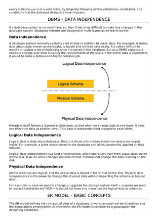 every instance state is in a valid state, by diligently following all the validations, constraints, and
conditions that the database designers have imposed.
DBMS - DATA INDEPENDENCE
DBMS - DATA INDEPENDENCE
If a database system is not multi-layered, then it becomes difficult to make any changes in the
database system. Database systems are designed in multi-layers as we learnt earlier.
Data Independence
A database system normally contains a lot of data in addition to users’ data. For example, it stores
data about data, known as metadata, to locate and retrieve data easily. It is rather difficult to
modify or update a set of metadata once it is stored in the database. But as a DBMS expands, it
needs to change over time to satisfy the requirements of the users. If the entire data is dependent,
it would become a tedious and highly complex job.
Metadata itself follows a layered architecture, so that when we change data at one layer, it does
not affect the data at another level. This data is independent but mapped to each other.
Logical Data Independence
Logical data is data about database, that is, it stores information about how data is managed
inside. For example, a table relation stored in the database and all its constraints, applied on that
relation.
Logical data independence is a kind of mechanism, which liberalizes itself from actual data stored
on the disk. If we do some changes on table format, it should not change the data residing on the
disk.
Physical Data Independence
All the schemas are logical, and the actual data is stored in bit format on the disk. Physical data
independence is the power to change the physical data without impacting the schema or logical
data.
For example, in case we want to change or upgrade the storage system itself − suppose we want
to replace hard-disks with SSD − it should not have any impact on the logical data or schemas.
ER MODEL - BASIC CONCEPTS
ER MODEL - BASIC CONCEPTS
The ER model defines the conceptual view of a database. It works around real-world entities and
the associations among them. At view level, the ER model is considered a good option for
designing databases.
 