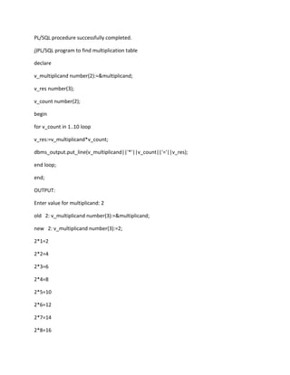 PL/SQL procedure successfully completed.
j)PL/SQL program to find multiplication table
declare
v_multiplicand number(2):=&multiplicand;
v_res number(3);
v_count number(2);
begin
for v_count in 1..10 loop
v_res:=v_multiplicand*v_count;
dbms_output.put_line(v_multiplicand||'*'||v_count||'='||v_res);
end loop;
end;
OUTPUT:
Enter value for multiplicand: 2
old 2: v_multiplicand number(3):=&multiplicand;
new 2: v_multiplicand number(3):=2;
2*1=2
2*2=4
2*3=6
2*4=8
2*5=10
2*6=12
2*7=14
2*8=16
 
