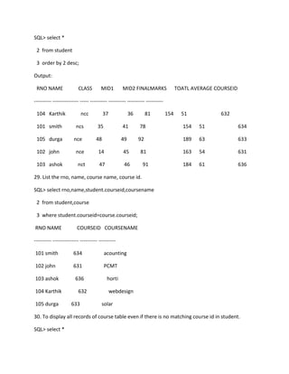 SQL> select *
2 from student
3 order by 2 desc;
Output:
RNO NAME CLASS MID1 MID2 FINALMARKS TOATL AVERAGE COURSEID
---------- --------------- ----- ---------- ---------- ---------- ----------
104 Karthik ncc 37 36 81 154 51 632
101 smith ncs 35 41 78 154 51 634
105 durga nce 48 49 92 189 63 633
102 john nce 14 45 81 163 54 631
103 ashok nct 47 46 91 184 61 636
29. List the rno, name, course name, course id.
SQL> select rno,name,student.courseid,coursename
2 from student,course
3 where student.courseid=course.courseid;
RNO NAME COURSEID COURSENAME
---------- --------------- ---------- ----------
101 smith 634 acounting
102 john 631 PCMT
103 ashok 636 horti
104 Karthik 632 webdesign
105 durga 633 solar
30. To display all records of course table even if there is no matching course id in student.
SQL> select *
 