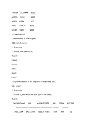 TURNER SALESMAN 1500
ADAMS CLERK 1100
JAMES CLERK 950
FORD ANALYST 3000
MILLER CLERK 1300
14 rows selected.
2.Select names of all managers.
SQL> select ename
2 from emp
3 where job='MANAGER';
Output:
ENAME
----------
JONES
BLAKE
CLARK
3.Display the details of the employee joined in Feb 1981.
SQL> select*
2 from emp
3 where to_char(hiredate,'mon-yyyy')='feb-1981';
Output:
EMPNO ENAME JOB MGR HIREDATE SAL COMM DEPTNO
---------- ---------- --------- ---------- --------- ---------- ---------- ----------
7499 ALLEN SALESMAN 7698 20-FEB-81 1600 300 30
 