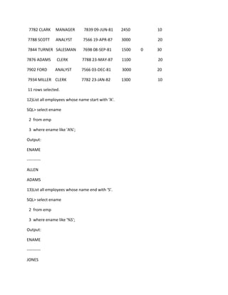 7782 CLARK MANAGER 7839 09-JUN-81 2450 10
7788 SCOTT ANALYST 7566 19-APR-87 3000 20
7844 TURNER SALESMAN 7698 08-SEP-81 1500 0 30
7876 ADAMS CLERK 7788 23-MAY-87 1100 20
7902 FORD ANALYST 7566 03-DEC-81 3000 20
7934 MILLER CLERK 7782 23-JAN-82 1300 10
11 rows selected.
12)List all employees whose name start with ‘A’.
SQL> select ename
2 from emp
3 where ename like 'A%';
Output:
ENAME
----------
ALLEN
ADAMS
13)List all employees whose name end with ‘S’.
SQL> select ename
2 from emp
3 where ename like '%S';
Output:
ENAME
----------
JONES
 