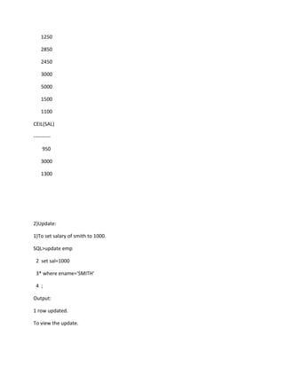 1250
2850
2450
3000
5000
1500
1100
CEIL(SAL)
----------
950
3000
1300
2)Update:
1)To set salary of smith to 1000.
SQL>update emp
2 set sal=1000
3* where ename='SMITH'
4 ;
Output:
1 row updated.
To view the update.
 