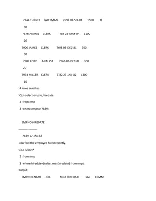 7844 TURNER SALESMAN 7698 08-SEP-81 1500 0
30
7876 ADAMS CLERK 7788 23-MAY-87 1100
20
7900 JAMES CLERK 7698 03-DEC-81 950
30
7902 FORD ANALYST 7566 03-DEC-81 300
20
7934 MILLER CLERK 7782 23-JAN-82 1300
10
14 rows selected.
SQL> select empno,hiredate
2 from emp
3 where empno=7839;
EMPNO HIREDATE
---------- ---------
7839 17-JAN-82
3)To find the employee hired recently.
SQL> select*
2 from emp
3 where hiredate=(select max(hiredate) from emp);
Output:
EMPNO ENAME JOB MGR HIREDATE SAL COMM
 