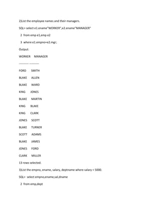 2)List the employee names and their managers.
SQL> select e1.ename"WORKER",e2.ename"MANAGER"
2 from emp e1,emp e2
3 where e1.empno=e2.mgr;
Output:
WORKER MANAGER
---------- ----------
FORD SMITH
BLAKE ALLEN
BLAKE WARD
KING JONES
BLAKE MARTIN
KING BLAKE
KING CLARK
JONES SCOTT
BLAKE TURNER
SCOTT ADAMS
BLAKE JAMES
JONES FORD
CLARK MILLER
13 rows selected.
3)List the empno, ename, salary, deptname where salary < 5000.
SQL> select empno,ename,sal,dname
2 from emp,dept
 