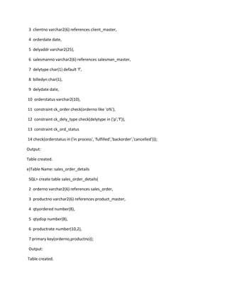 3 clientno varchar2(6) references client_master,
4 orderdate date,
5 delyaddr varchar2(25),
6 salesmanno varchar2(6) references salesman_master,
7 delytype char(1) default 'f',
8 billedyn char(1),
9 delydate date,
10 orderstatus varchar2(10),
11 constraint ck_order check(orderno like 'o%'),
12 constraint ck_dely_type check(delytype in ('p','f')),
13 constraint ck_ord_status
14 check(orderstatus in ('in process', 'fulfilled','backorder','cancelled')));
Output:
Table created.
e)Table Name: sales_order_details
SQL> create table sales_order_details(
2 orderno varchar2(6) references sales_order,
3 productno varchar2(6) references product_master,
4 qtyordered number(8),
5 qtydisp number(8),
6 productrate number(10,2),
7 primary key(orderno,productno));
Output:
Table created.
 