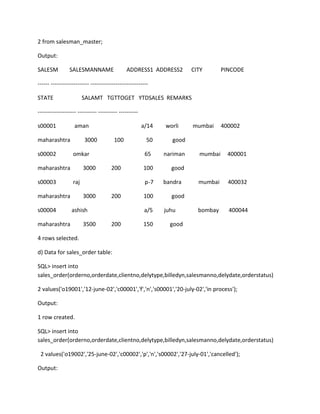 2 from salesman_master;
Output:
SALESM SALESMANNAME ADDRESS1 ADDRESS2 CITY PINCODE
------ -------------------- ------------------------------
STATE SALAMT TGTTOGET YTDSALES REMARKS
-------------------- ---------- ---------- ----------
s00001 aman a/14 worli mumbai 400002
maharashtra 3000 100 50 good
s00002 omkar 65 nariman mumbai 400001
maharashtra 3000 200 100 good
s00003 raj p-7 bandra mumbai 400032
maharashtra 3000 200 100 good
s00004 ashish a/5 juhu bombay 400044
maharashtra 3500 200 150 good
4 rows selected.
d) Data for sales_order table:
SQL> insert into
sales_order(orderno,orderdate,clientno,delytype,billedyn,salesmanno,delydate,orderstatus)
2 values('o19001','12-june-02','c00001','f','n','s00001','20-july-02','in process');
Output:
1 row created.
SQL> insert into
sales_order(orderno,orderdate,clientno,delytype,billedyn,salesmanno,delydate,orderstatus)
2 values('o19002','25-june-02','c00002','p','n','s00002','27-july-01','cancelled');
Output:
 