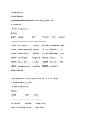 deepak sharma
6 rows selected.
b)Retrieve the entire contents of the client_master table.
SQL> select *
2 from client_master;
Output:
CLIENT NAME CITY PINCODE STATE BALDUE
------------------------------ --------------- ---------------
c00001 ivan bayross mumbai 400054 maharashtra 15000
c00002 mamta muzumdar madras 780001 tamil nadu 0
c00003 chhaya bankar mumbai 400057 maharashtra 5000
c00004 ashwini joshi bangalore 560001 karnataka 0
c00005 hansel colaco mumbai 400060 maharastra 2000
c00006 deepak sharma mangalore 560050 karnataka 0
6 rows selected.
c)Retrieve the list of names, city and the state of all the clients.
SQL> select name,city,state
2 from client_master;
Output:
NAME CITY STATE
-------------------- --------------- ---------------
ivan bayross mumbai maharashtra
mamta muzumdar madras tamil nadu
 