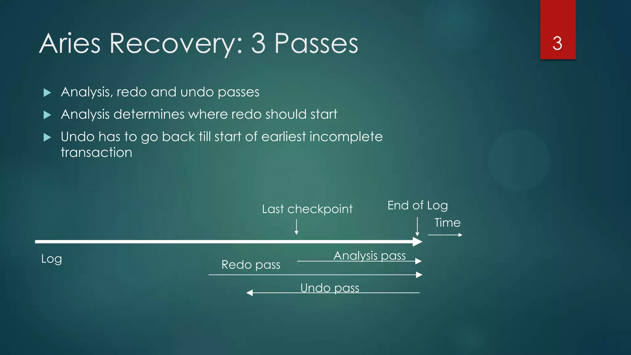 Aries Recovery: 3 Passes
 Analysis, redo and undo passes
 Analysis determines where redo should start
 Undo has to go back till start of earliest incomplete
transaction
Last checkpoint
Log
Time
End of Log
Analysis pass
Redo pass
Undo pass
3
 