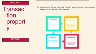 Transac
tion
propert
y
The transaction has the four properties. These are used to maintain consistency in a
database, before and after the transaction.
ATOMICI
DURABIL
 