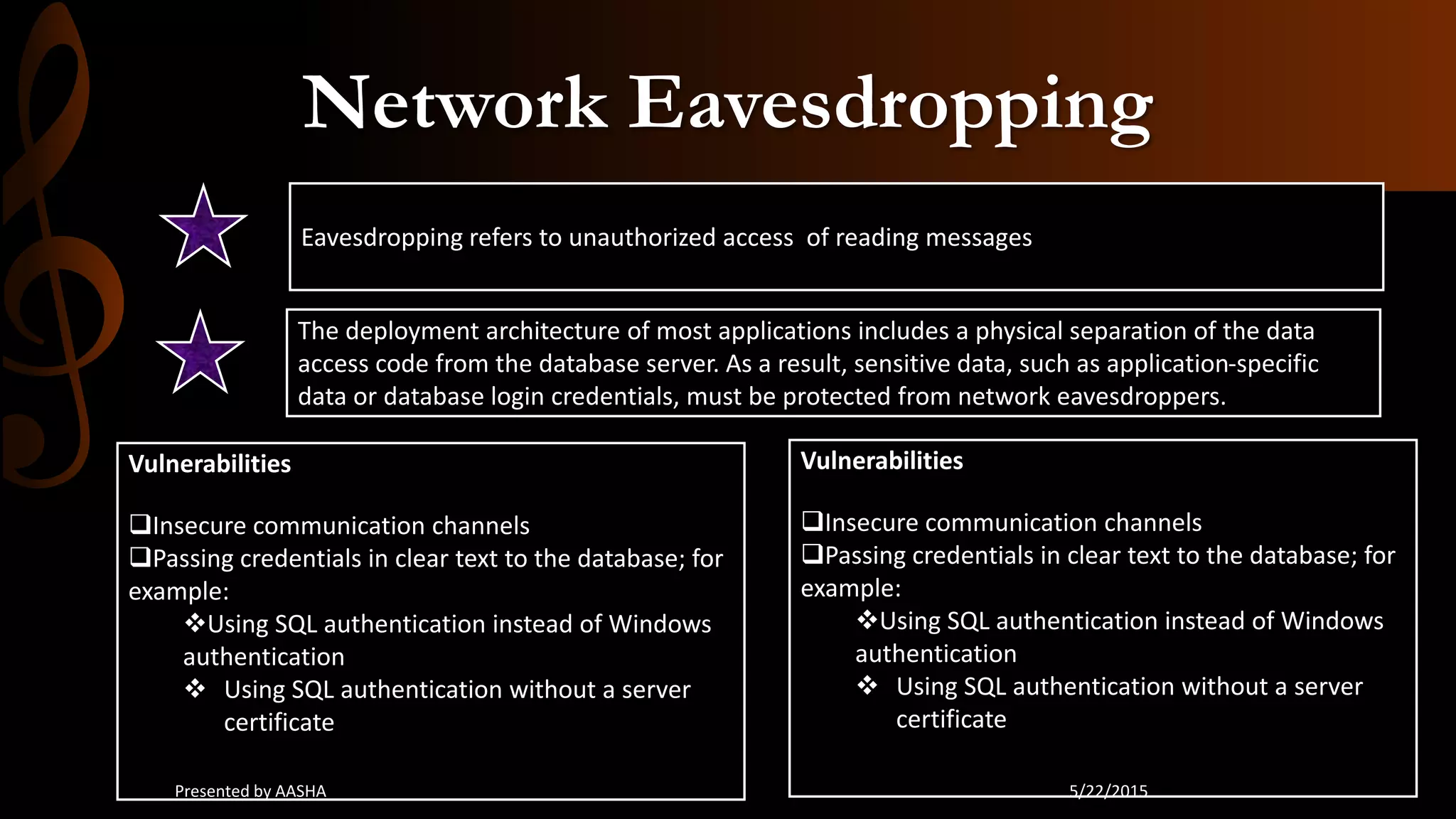 Network Eavesdropping
Eavesdropping refers to unauthorized access of reading messages
The deployment architecture of most applications includes a physical separation of the data
access code from the database server. As a result, sensitive data, such as application-specific
data or database login credentials, must be protected from network eavesdroppers.
Vulnerabilities
Insecure communication channels
Passing credentials in clear text to the database; for
example:
Using SQL authentication instead of Windows
authentication
 Using SQL authentication without a server
certificate
Vulnerabilities
Insecure communication channels
Passing credentials in clear text to the database; for
example:
Using SQL authentication instead of Windows
authentication
 Using SQL authentication without a server
certificate
5/22/2015Presented by AASHA
 
