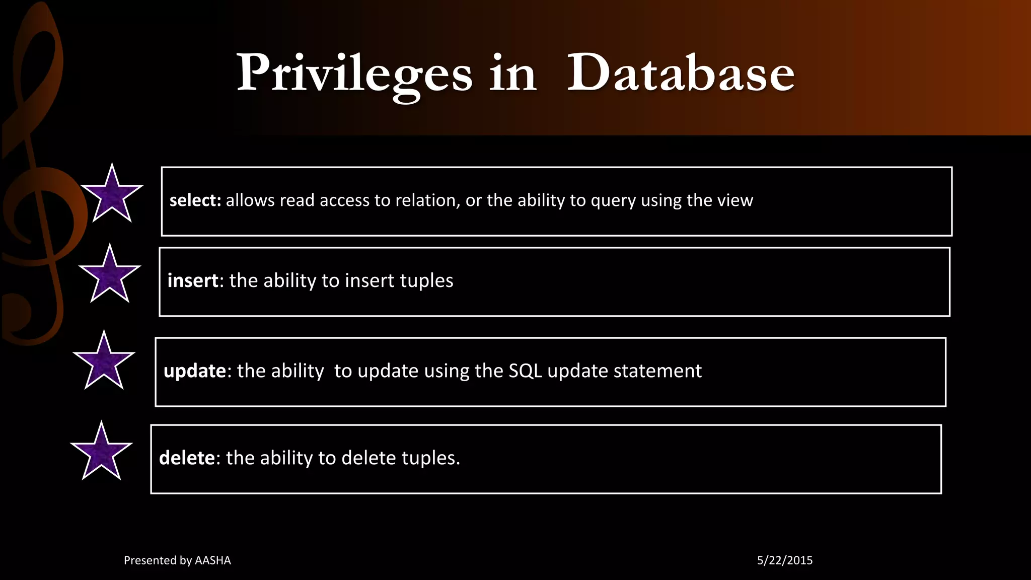 Privileges in Database
select: allows read access to relation, or the ability to query using the view
insert: the ability to insert tuples
update: the ability to update using the SQL update statement
delete: the ability to delete tuples.
5/22/2015Presented by AASHA
 