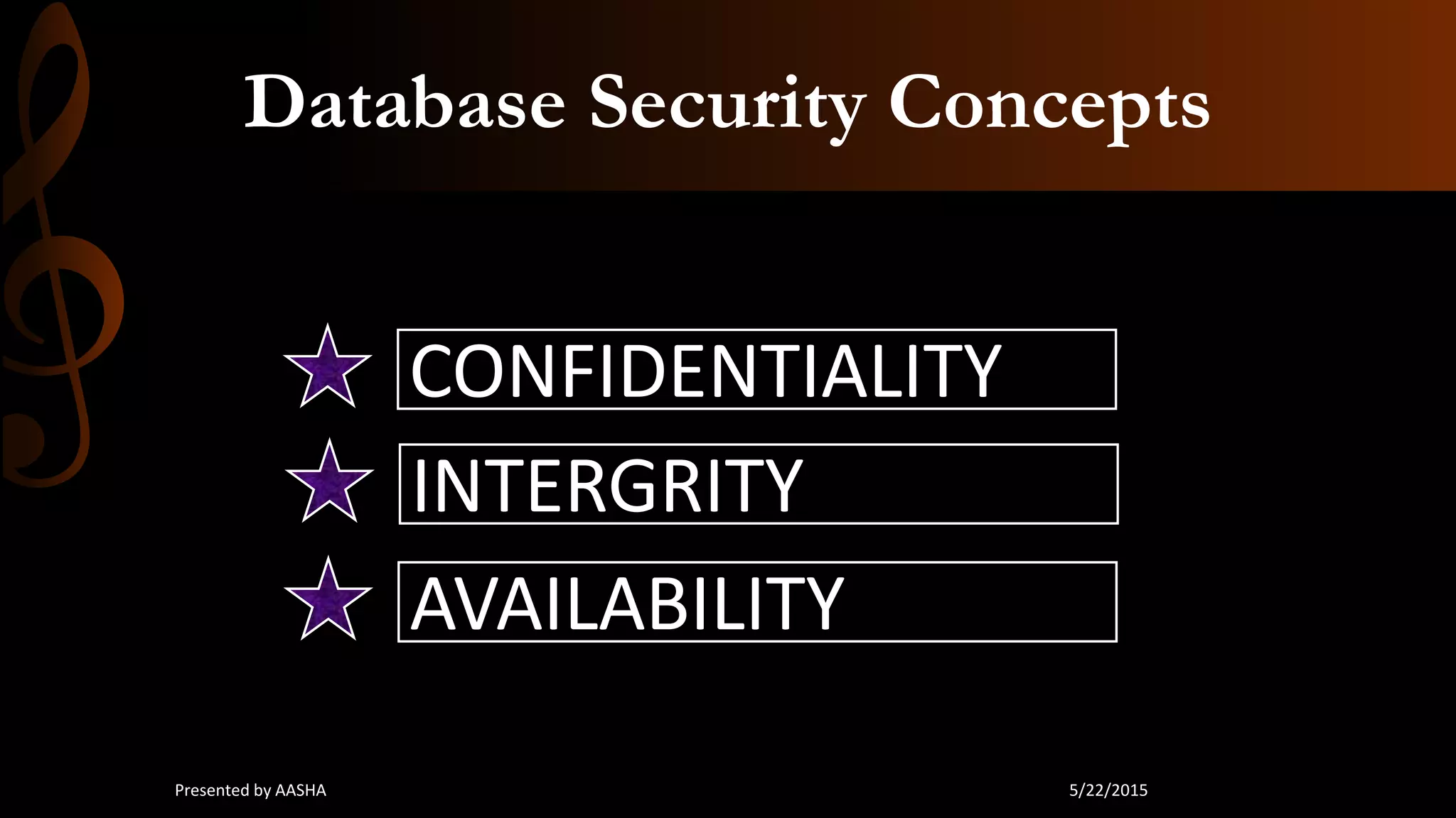 Database Security Concepts
CONFIDENTIALITY
INTERGRITY
AVAILABILITY
5/22/2015Presented by AASHA
 