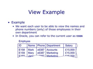View Example
• Example
• We want each user to be able to view the names and
phone numbers (only) of those employees in their
own department
• In Oracle, you can refer to the current user as USER
Employee
ID Name Phone Department Salary
E158 Mark x6387 Accounts £15,000
E159 Mary x6387 Marketing £15,000
E160 Jane x6387 Marketing £15,000
 