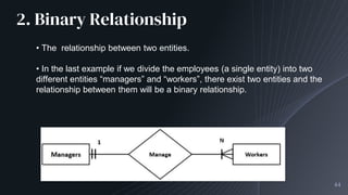 2. Binary Relationship
44
• The relationship between two entities.
• In the last example if we divide the employees (a single entity) into two
different entities “managers” and “workers”, there exist two entities and the
relationship between them will be a binary relationship.
 