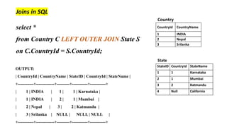 Joins in SQL
select *
from Country C LEFT OUTER JOIN State S
on C.CountryId = S.CountryId;
OUTPUT:
| CountryId | CountryName | StateID | CountryId | StateName |
+-----------+-------------+---------+-----------+-----------+
| 1 | INDIA | 1 | 1 | Karnataka |
| 1 | INDIA | 2 | 1 | Mumbai |
| 2 | Nepal | 3 | 2 | Katmandu |
| 3 | Srilanka | NULL | NULL | NULL |
+-----------+-------------+---------+-----------+-----------+
 