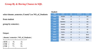 Group By & Having Clauses in SQL
select dname ,semester, Count(*) as NO_of_Students
from student
group by semester;
Output:
| dname | semester | NO_of_Students |
+-------+----------+----------------+
| ECE | 3 | 2 |
| CSE | 5 | 5 |
| CSE | 7 | 3 |
+-------+----------+----------------+
 