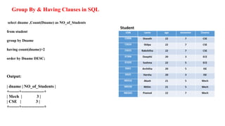 Group By & Having Clauses in SQL
select dname ,Count(Dname) as NO_of_Students
from student
group by Dname
having count(dname)>2
order by Dname DESC;
Output:
| dname | NO_of_Students |
+-------+----------------+
| Mech | 3 |
| CSE | 3 |
+-------+----------------+
 