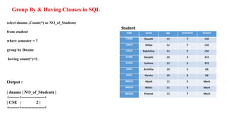 Group By & Having Clauses in SQL
select dname ,Count(*) as NO_of_Students
from student
where semester = 7
group by Dname
having count(*)>1;
Output :
| dname | NO_of_Students |
+-------+----------------+
| CSE | 2 |
+-------+----------------+
 