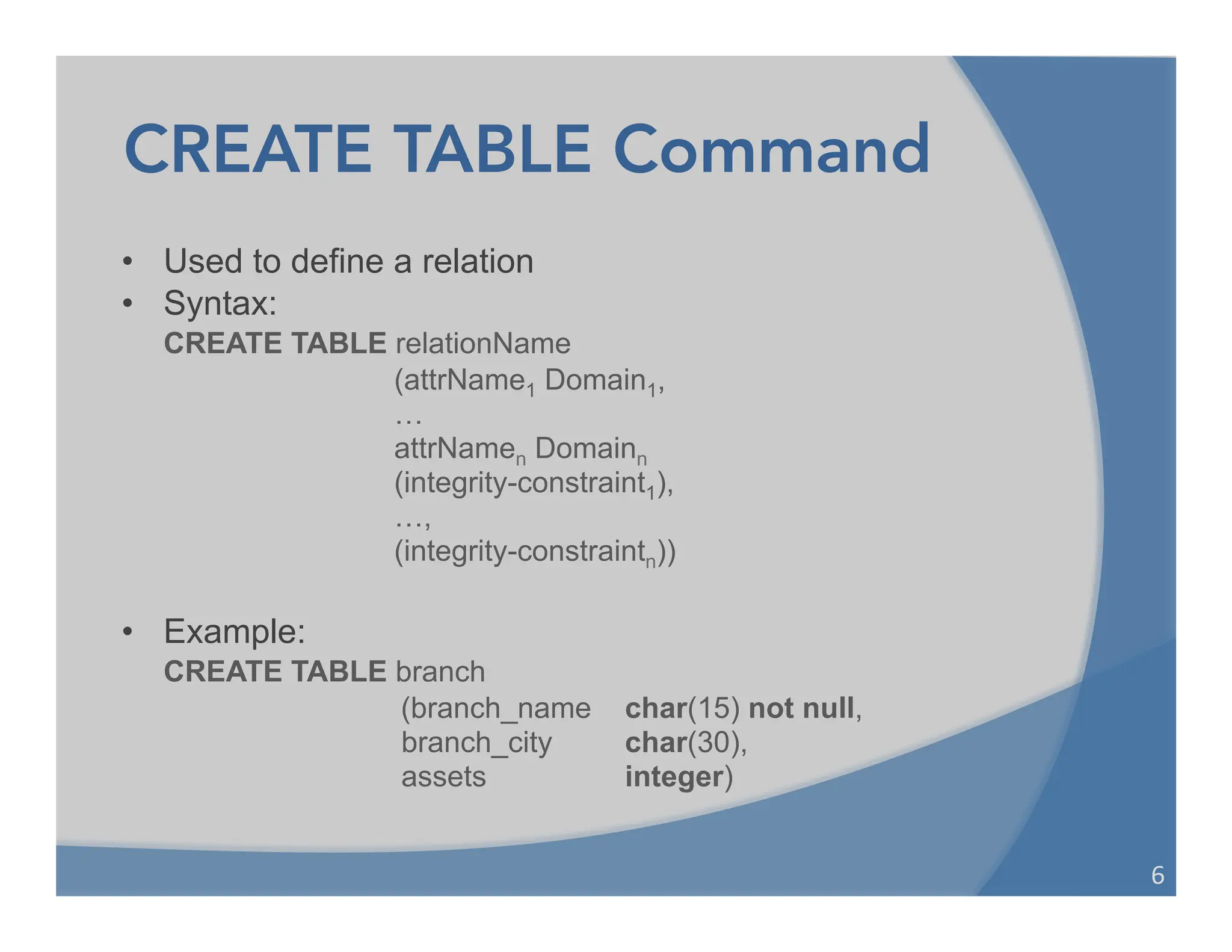 CREATE TABLE Command
• Used to define a relation
• Syntax:
CREATE TABLE relationName
(attrName1 Domain1,
…
attrNamen Domainn
(integrity-constraint1),
…,
(integrity-constraintn))
• Example:
CREATE TABLE branch
(branch_name char(15) not null,
branch_city char(30),
assets integer)
6	
  
 