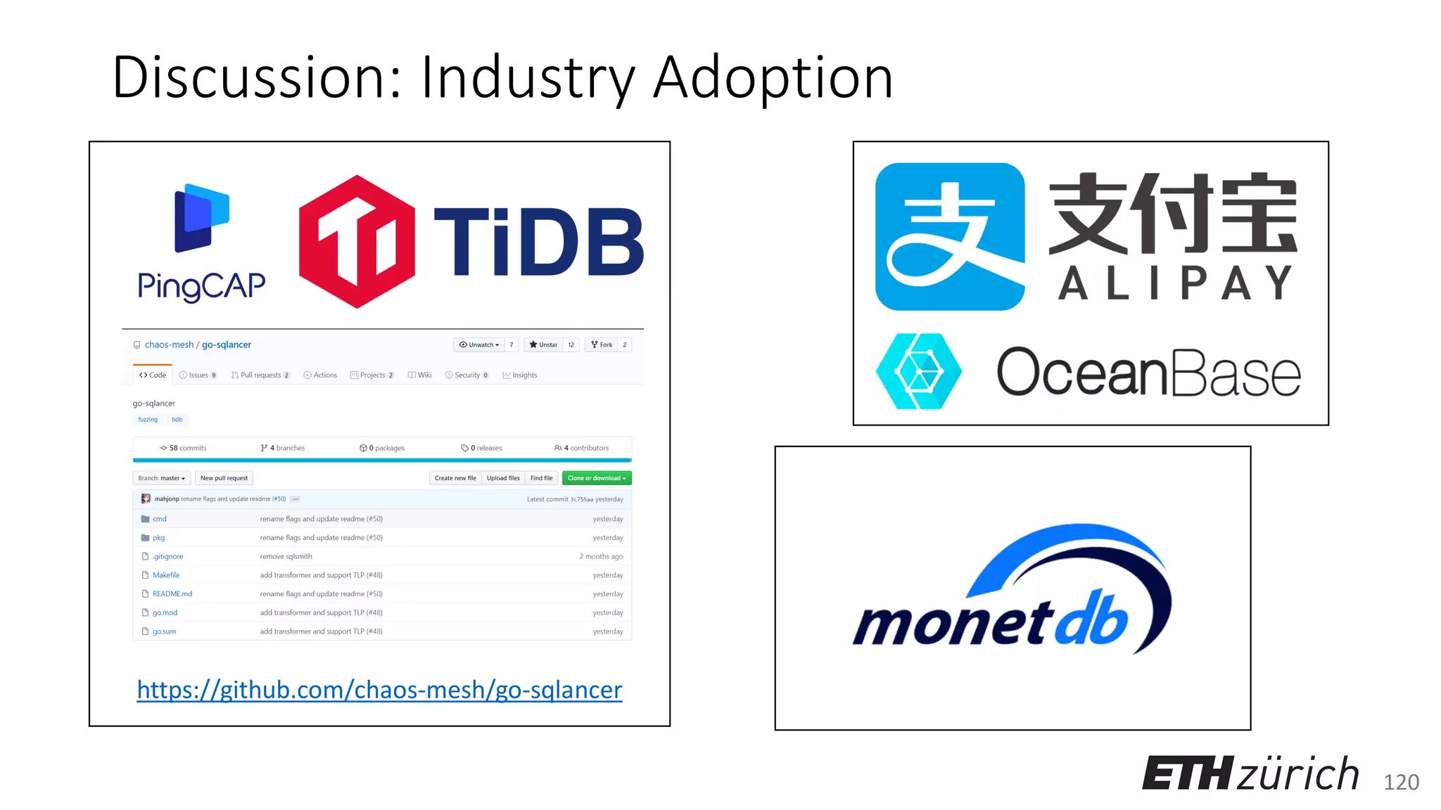 120
Discussion: Industry Adoption
https://github.com/chaos-mesh/go-sqlancer
 