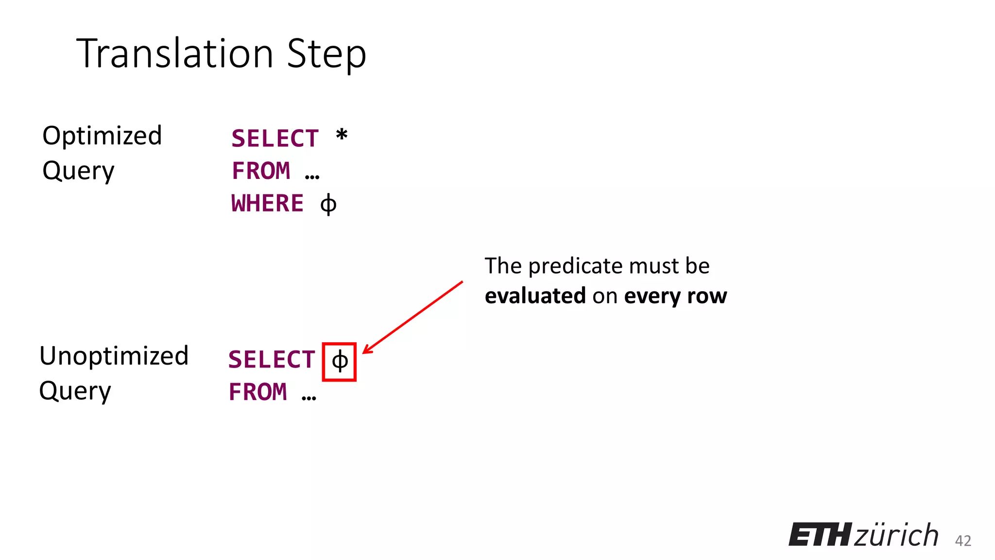 42
Translation Step
SELECT *
FROM …
WHERE φ
SELECT φ
FROM …
Optimized
Query
Unoptimized
Query
The predicate must be
evaluated on every row
 