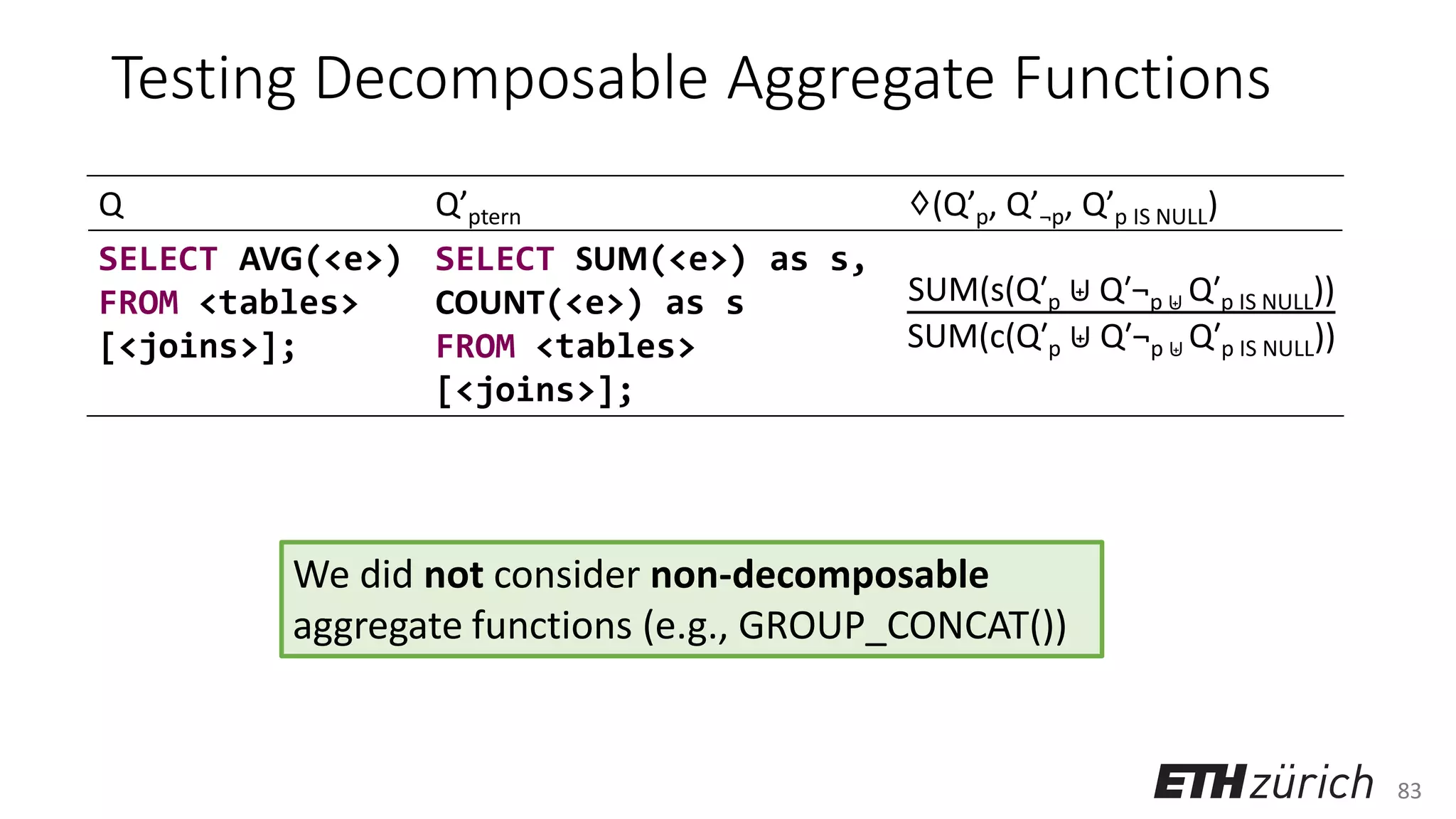 83
Testing Decomposable Aggregate Functions
Q Q’ptern ♢(Q’p, Q’¬p, Q’p IS NULL)
SELECT AVG(<e>)
FROM <tables>
[<joins>];
SELECT SUM(<e>) as s,
COUNT(<e>) as s
FROM <tables>
[<joins>];
SUM(s(Q′p ⊎ Q′¬p ⊎ Q′p IS NULL))
SUM(c(Q′p ⊎ Q′¬p ⊎ Q′p IS NULL))
We did not consider non-decomposable
aggregate functions (e.g., GROUP_CONCAT())
 