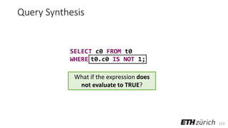 113
t0.c0 IS NOT 1;
Query Synthesis
SELECT c0 FROM t0
WHERE
What if the expression does
not evaluate to TRUE?
 