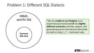 21
Problem 1: Different SQL Dialects
DBMS-
specific SQL
Common
SQL Core
“We are unable to use Postgres as an
oracle because CockroachDB has slightly
different semantics and SQL support, and
generating queries that execute identically
on both is tricky […].” – Cockroach Labs
 
