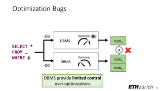 34
Optimization Bugs

row1
Optimizer
Optimizer
row1
row2
-O3
-O0
DBMS provide limited control
over optimizations
≠
SELECT *
FROM …
WHERE φ
DBMS
DBMS
 