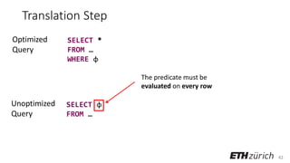 42
Translation Step
SELECT *
FROM …
WHERE φ
SELECT φ
FROM …
Optimized
Query
Unoptimized
Query
The predicate must be
evaluated on every row
 