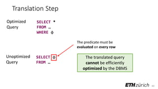 43
Translation Step
The translated query
cannot be efficiently
optimized by the DBMS
SELECT *
FROM …
WHERE φ
SELECT φ
FROM …
Optimized
Query
Unoptimized
Query
The predicate must be
evaluated on every row
 