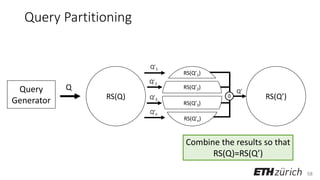 58
Query Partitioning
Query
Generator
Q
RS(Q) RS(Q’)
RS(Q’1)
RS(Q’2)
RS(Q’3)
RS(Q’n)
Q’1
Q’2
Q’3
Q’n
♢
Q’
Combine the results so that
RS(Q)=RS(Q’)
 