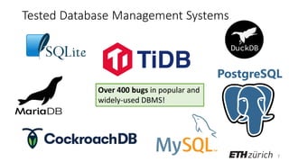 7
Tested Database Management Systems
PostgreSQL
Over 400 bugs in popular and
widely-used DBMS!
 