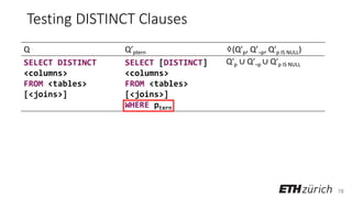 78
Testing DISTINCT Clauses
Q Q’ptern ♢(Q’p, Q’¬p, Q’p IS NULL)
SELECT DISTINCT
<columns>
FROM <tables>
[<joins>]
SELECT [DISTINCT]
<columns>
FROM <tables>
[<joins>]
WHERE ptern
Q′p ∪ Q′¬p ∪ Q′p IS NULL
 