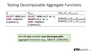 83
Testing Decomposable Aggregate Functions
Q Q’ptern ♢(Q’p, Q’¬p, Q’p IS NULL)
SELECT AVG(<e>)
FROM <tables>
[<joins>];
SELECT SUM(<e>) as s,
COUNT(<e>) as s
FROM <tables>
[<joins>];
SUM(s(Q′p ⊎ Q′¬p ⊎ Q′p IS NULL))
SUM(c(Q′p ⊎ Q′¬p ⊎ Q′p IS NULL))
We did not consider non-decomposable
aggregate functions (e.g., GROUP_CONCAT())
 