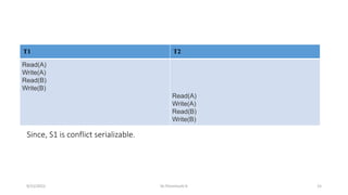 Since, S1 is conflict serializable.
T1 T2
Read(A)
Write(A)
Read(B)
Write(B)
Read(A)
Write(A)
Read(B)
Write(B)
9/15/2022 Dr.Thenmozhi K 15
 